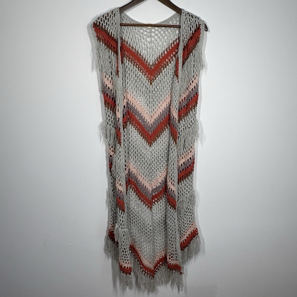 POL Womens Crochet Midi Duster Vest Cardigan Size S Gray Multi Fringe Festival